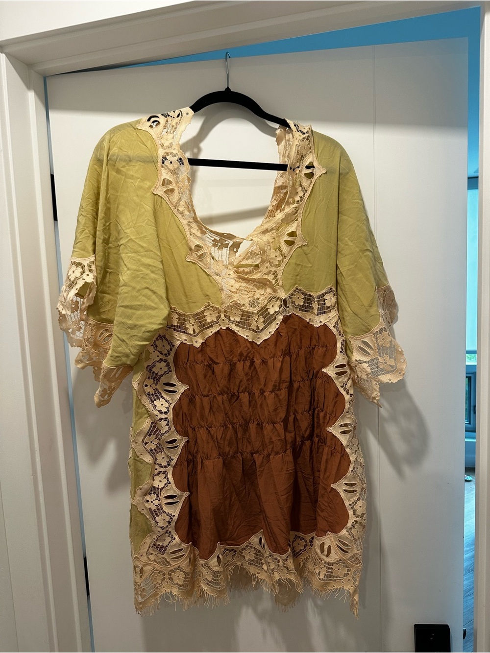 Chloe Boho Olive Green and Brown Mini Dress with Cream Lace